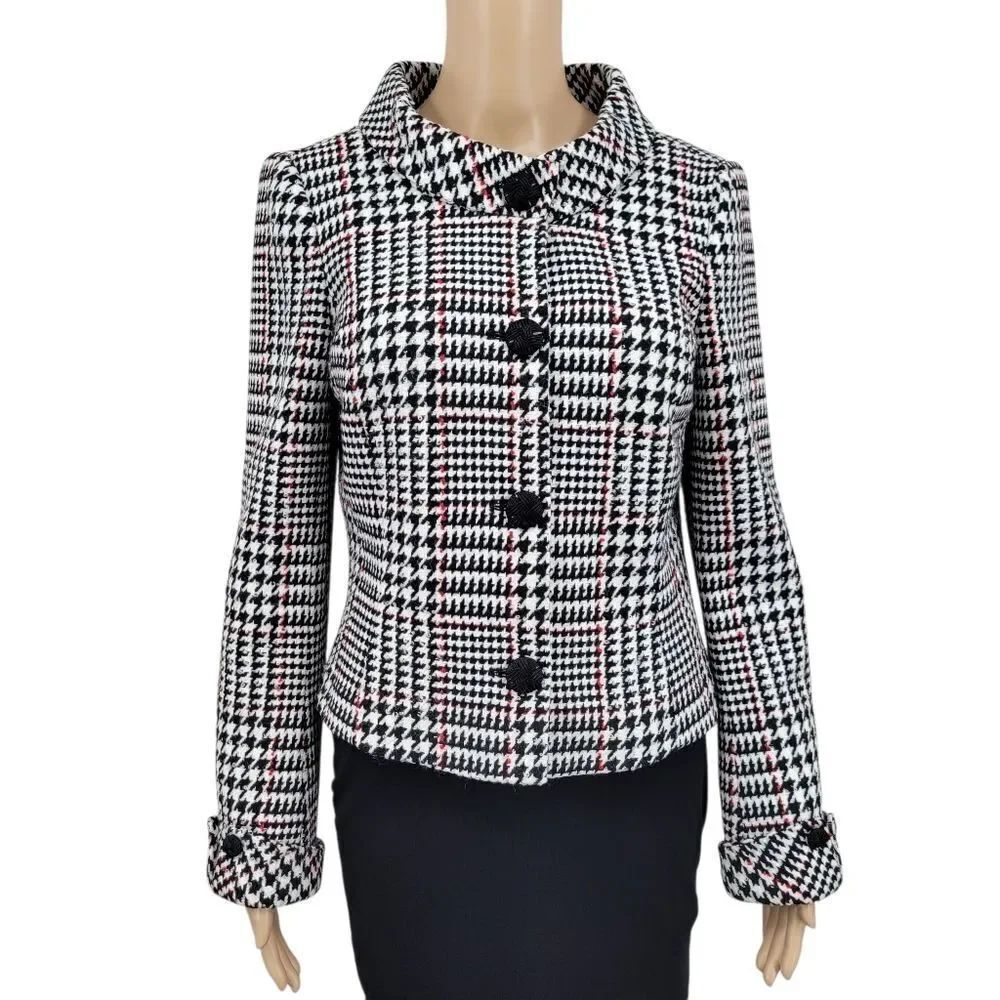 J. McLaughlin Vintage Wool Black and White Houndstooth Blazer Jackie-O Style
